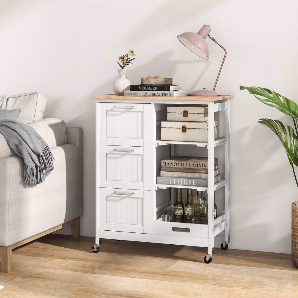 Gymax White Rolling Kitchen Island Utility Cart with Lockable Wheels and Wood Top – 3