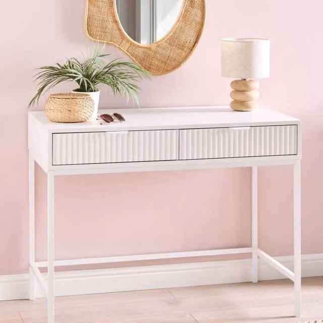 Wyld and Coco 2-Drawer Console Table in White MDF with Fluted Fronts, W/D/H: 100 x 77 x 40 cm