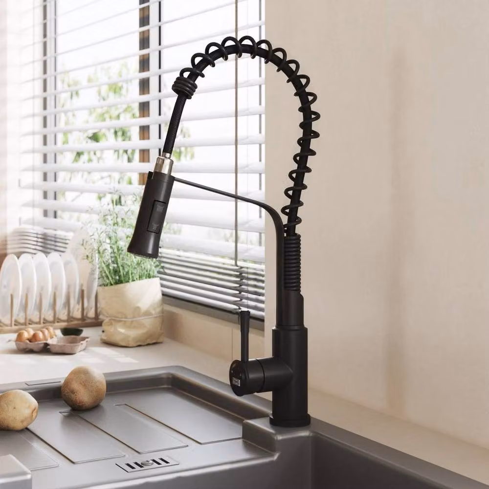 KORVIXA Matt Black Kitchen Sink Mixer Tap with Single Lever and Pull Out Spout with 2 Spray Modes – 3