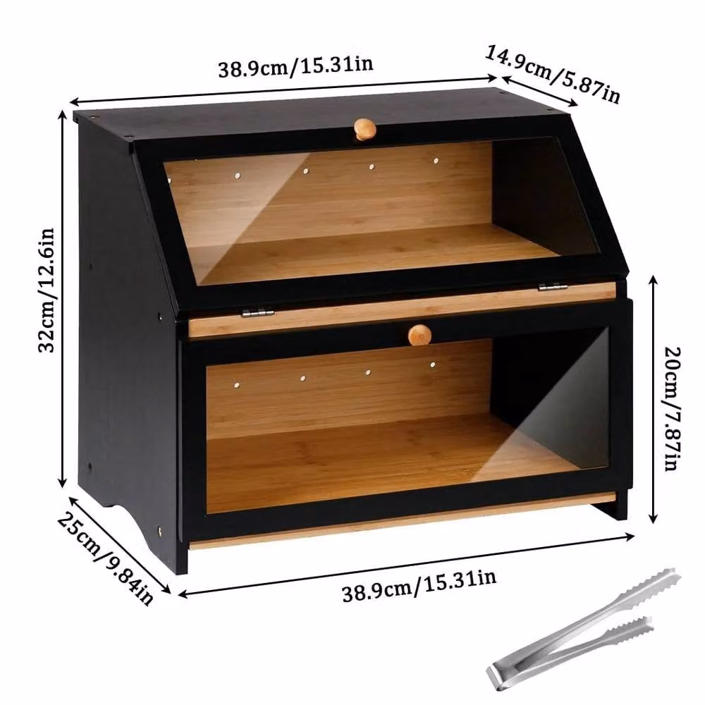 Ventryn 2-Tier Bamboo Bread Box in Black for Kitchen Countertop Loaf Storage – 2
