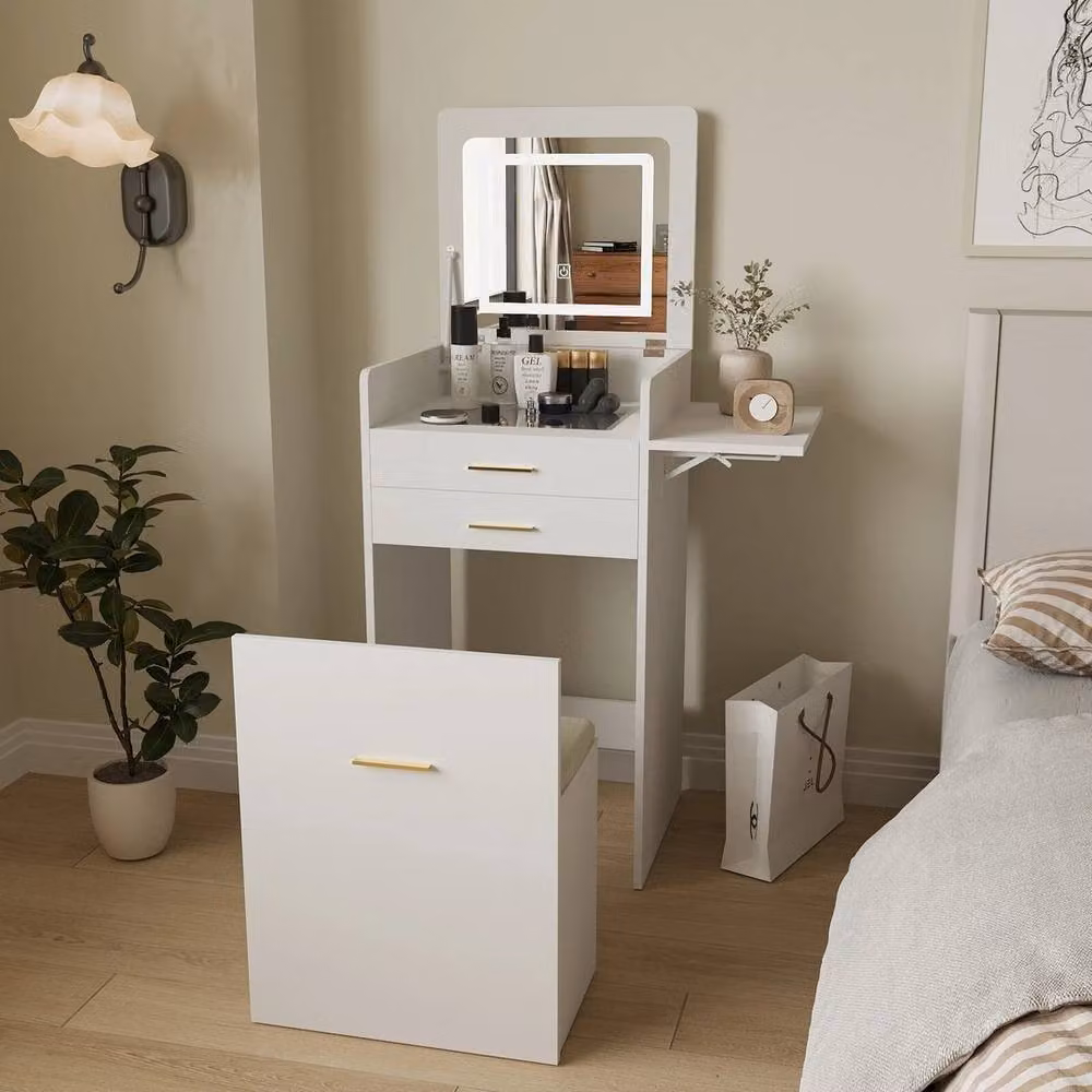FORGEVIO Modern White Dressing Table Set with Hollywood LED Mirror – 2