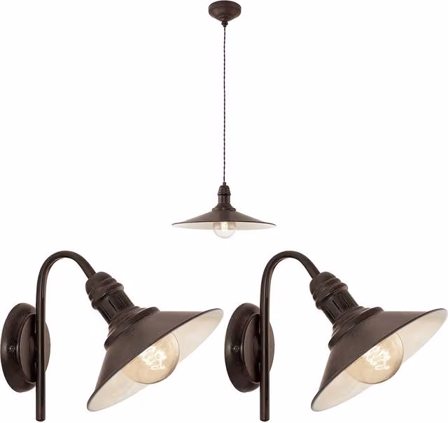 Loops Modern Ceiling Pendant Light and 2x Matching Wall Lights in Beige and Brown with Wood and Metal Accents