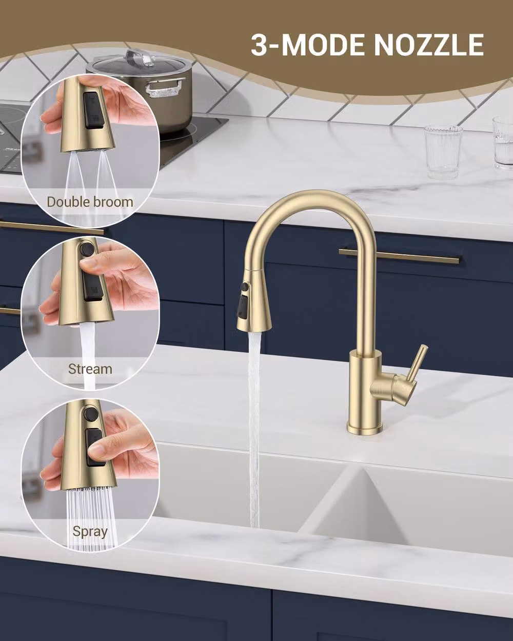 Dayone Elegant Gold Stainless Steel Kitchen Sink Mixer Tap with Pull Out Sprayer and Swivel Spout – 2