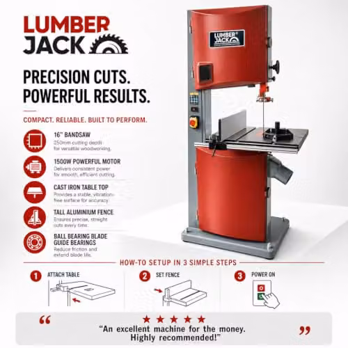 Lumberjack 16 inch Professional Floorstanding Bandsaw with Wheel Kit in Red – 12