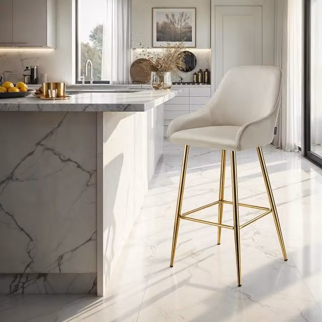 TECTAKE Modern Velvet Padded Bar Stool with Backrest in Beige and Gold