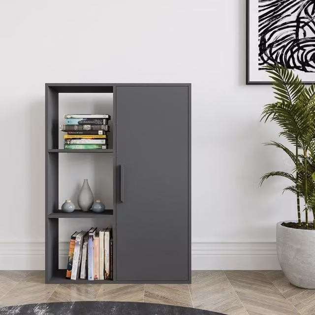 Decorotika Patrick Modern Bookcase with Cabinet in Anthracite Black