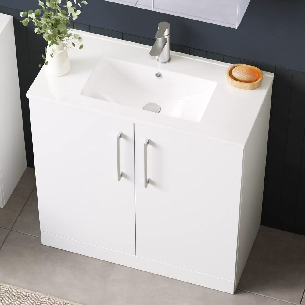Balterley Minimalist White Glossy Bathroom Vanity Unit with 2 Soft Close Hinged Doors, W: 43.5 cm – 4