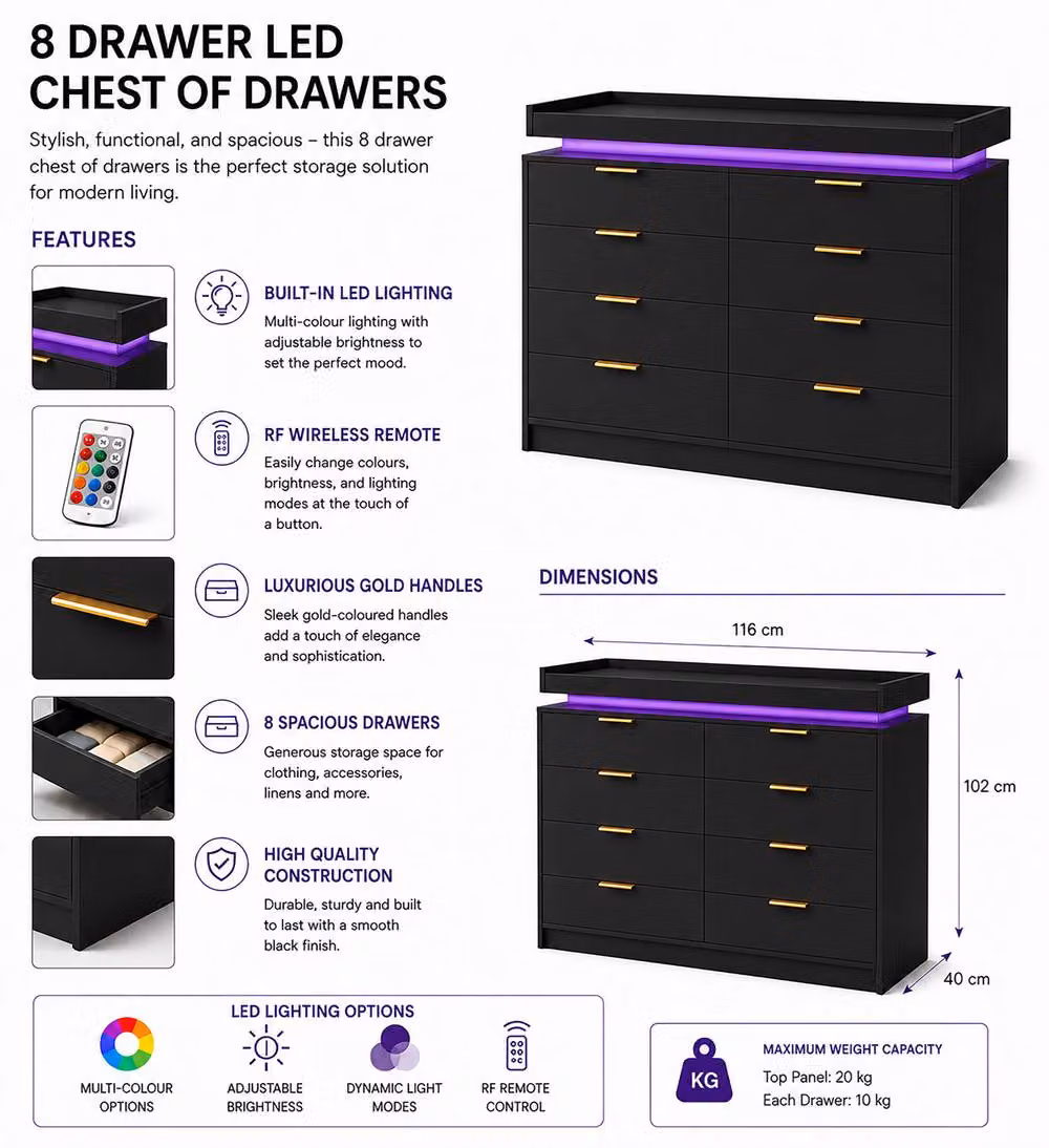 Harmin Black Luxury 8-Drawer Chest with Integrated LED Lighting and Remote, Width: 116 cm – 2