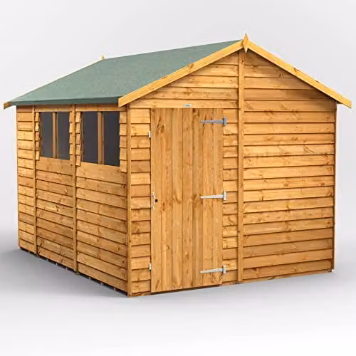 Powersheds Premium Apex Wooden Garden Overlap Shed in Brown with Toughened Glass Windows, W: 325.2 cm, D: 258.0 cm, H: 239.1 cm