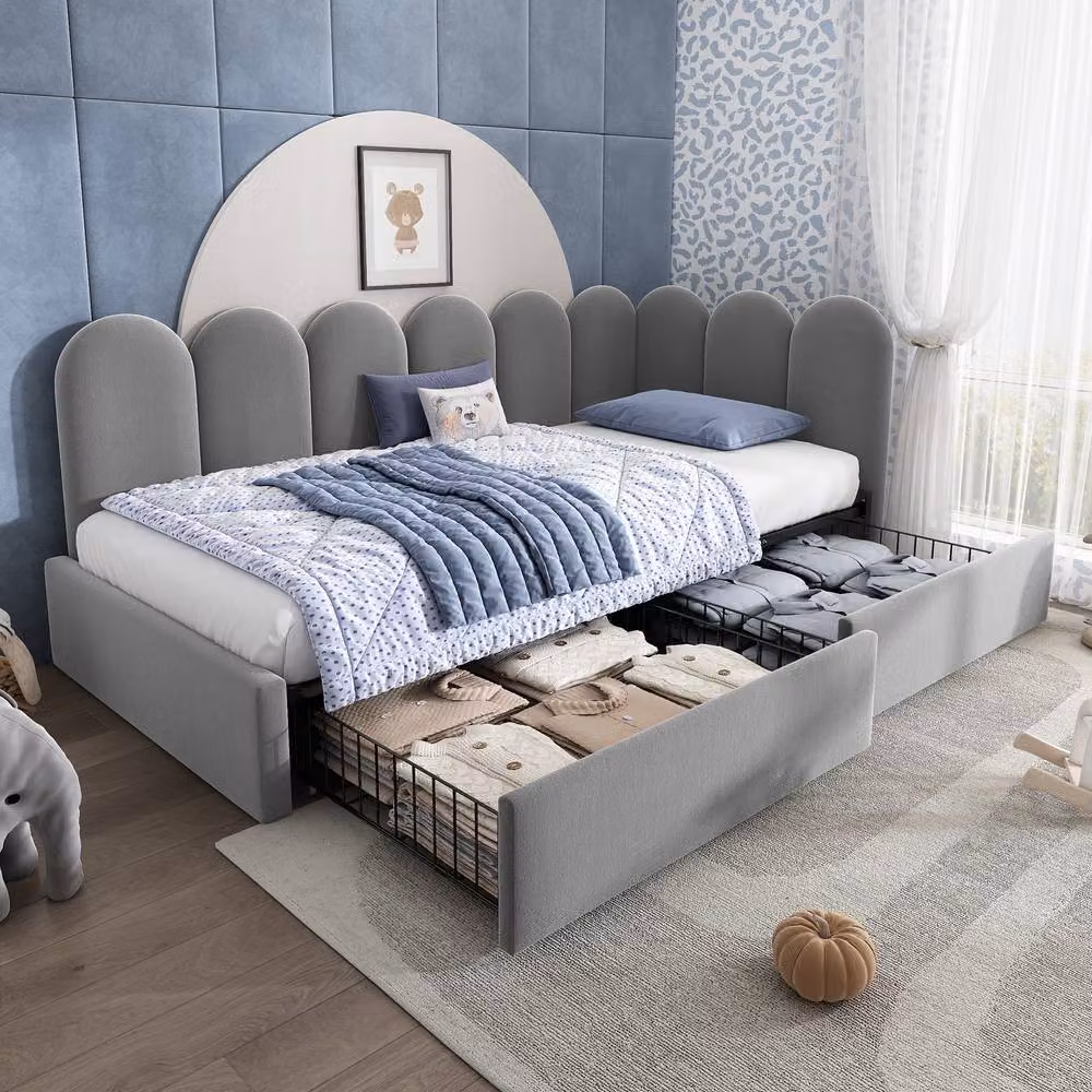 Matteo Grey Velvet Upholstered Kids Daybed with Drawer Storage, W/D/H: 90 x 190 cm – 6