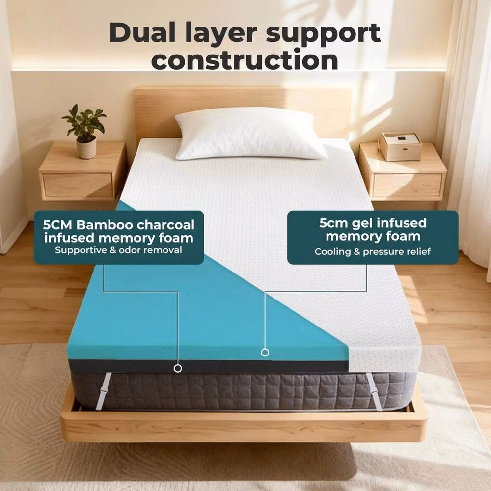 VOGREX White Cooling Gel Memory Foam Double Mattress Topper with Removable Bamboo Knit Cover, W/D/H: 140 x 200 x 10.16 cm – 2