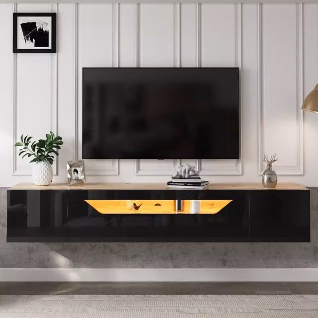 Merax Modern Wall Mounted Floating TV Stand with Integrated LED Lighting, Black – 1