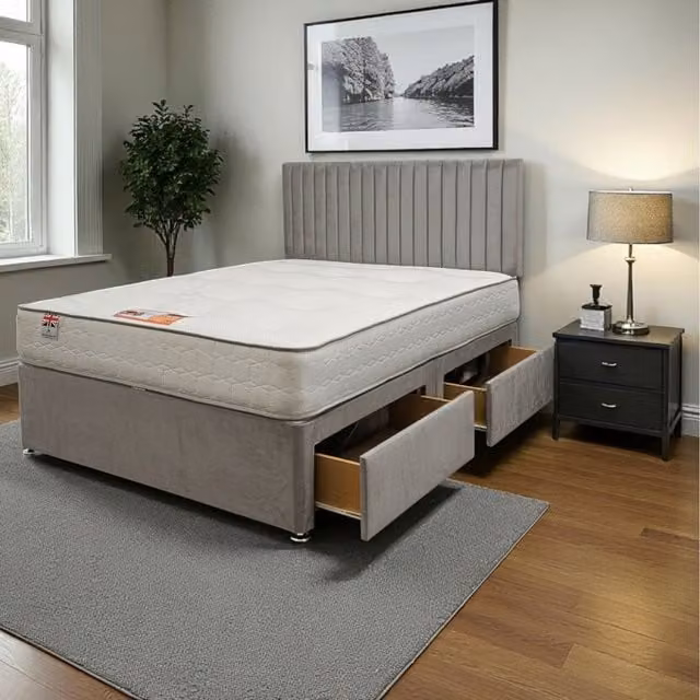 Knight Sleep Emily Plush Bed Set with Mattress and 24 inch Headboard in Silver/Grey, W/D/H: 180 x 200 cm