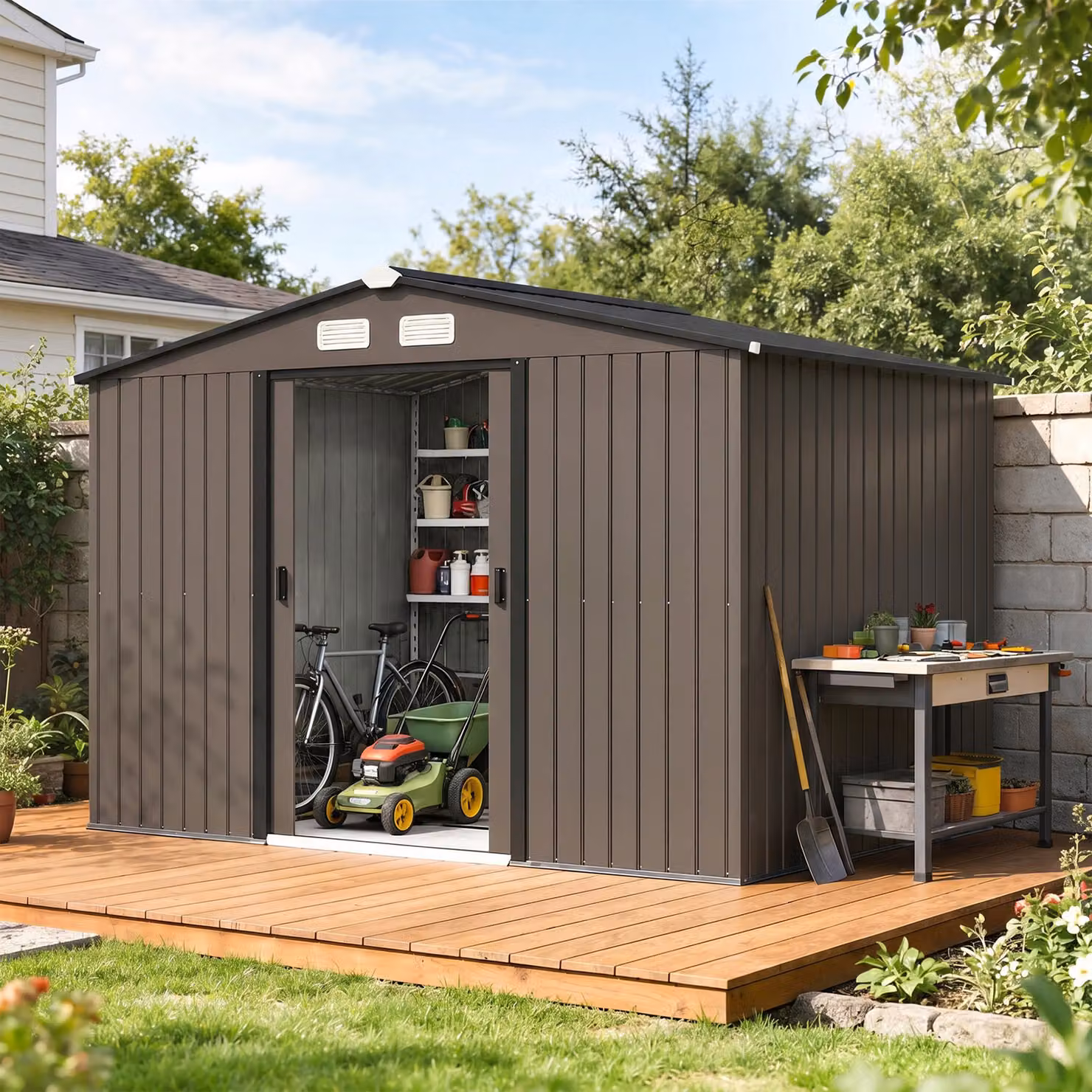 Outsunny Metal Garden Shed with Lockable Double Doors and Ventilation Slots, Brown – 2