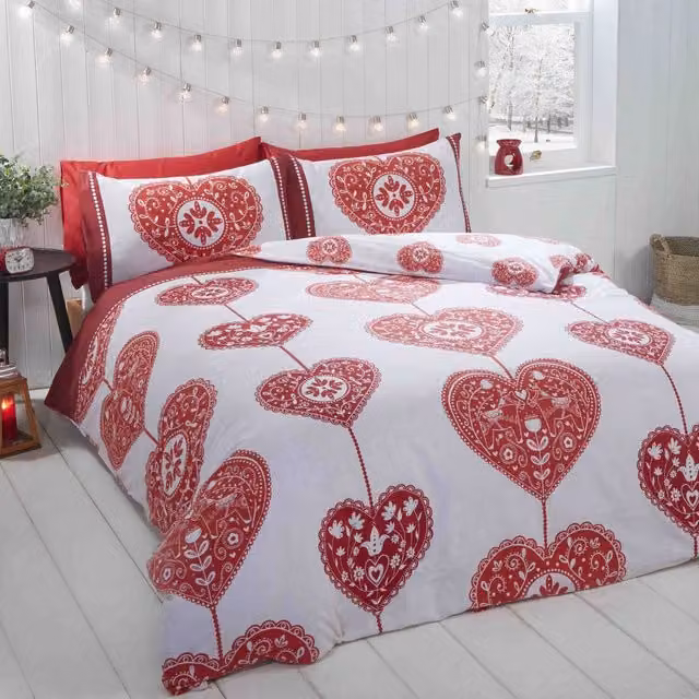 Rapport Scandi Hearts Reversible Duvet Cover and Pillowcase Set in Red and White, 90 x 200 cm