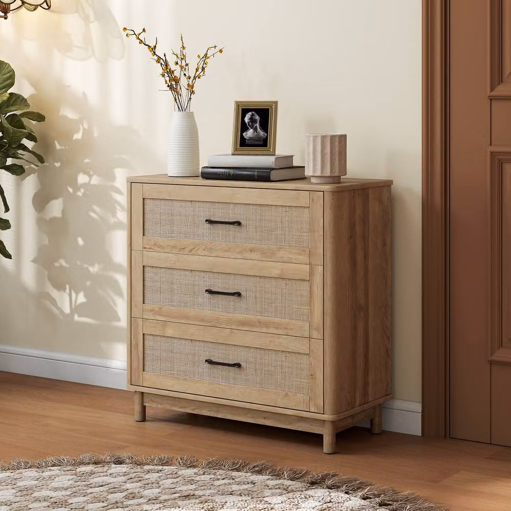 HOMCOM 3 Drawer Chest of Drawers in Natural Oak with Rattan Wood Design – 2