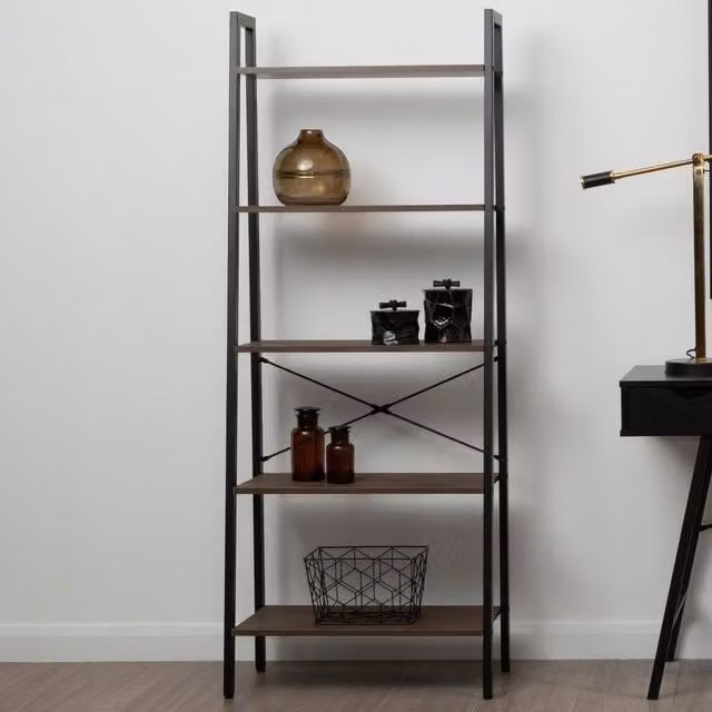 Orsina Five Tier Oak Veneer Ladder Shelf Unit in Dark Brown, Industrial Style Freestanding Open Back Shelf, W/D/H: 64 x 34 x 164 cm