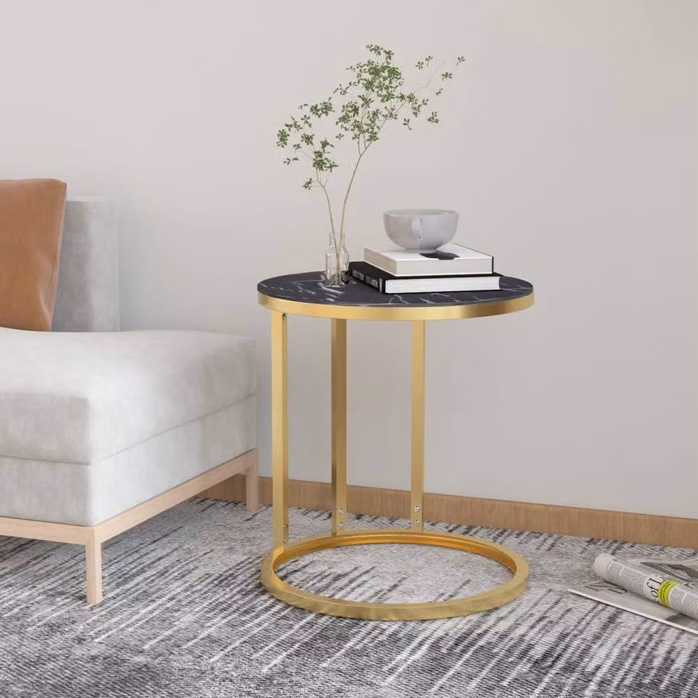 Berkfield Home Round Side Table with Gold and Black Marble Effect Tempered Glass, W/D/H: 45 x 45 x 58 cm – 2