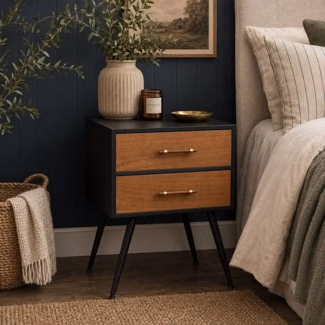 Melody Maison Ludlow Range Mid-Century Modern Wood and Black 2 Drawer Bedside Cabinet