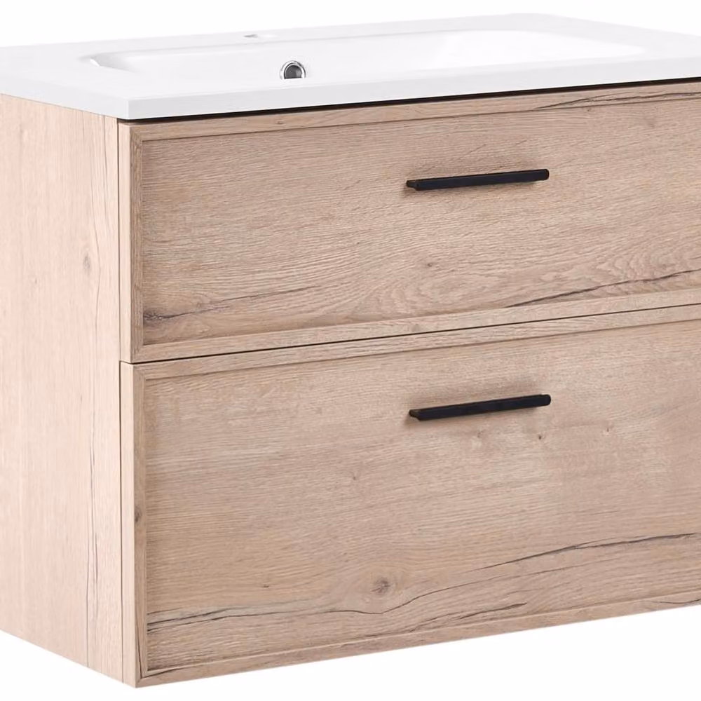 Wyld Haus Nordic Scandinavian Wall Mounted Bathroom Vanity Unit in Brown Wood with 2 Drawers – 2