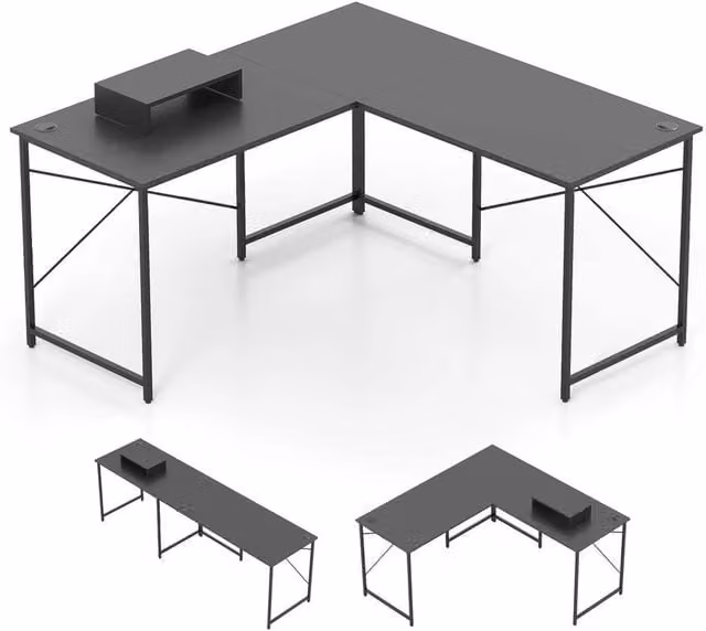 VOGREX Grey and Black L-Shaped Corner Computer Desk with Built-in Monitor Stand – 1