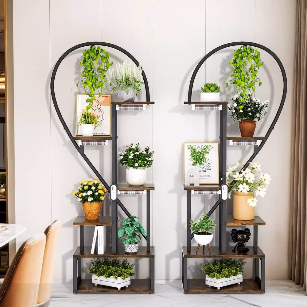 KORVIXA 6 Tiered Large Plant Stand with Integrated Grow Light in Brown, W/D/H: 100 x 100 x 167 cm – 4