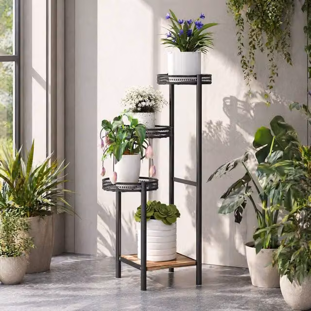 STILVORA 4 Tier Plant Stand with Wooden Shelves in Black, W/D/H: 80 x 25 x 25 cm – 1