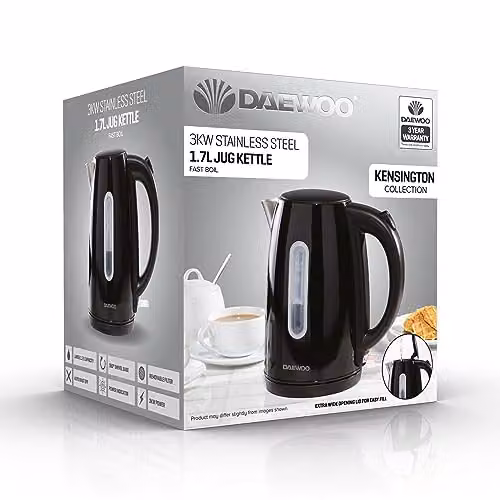 Daewoo 1.7L Stainless Steel Jug Kettle with Auto Shut-Off and Limescale Filter, Black – 5