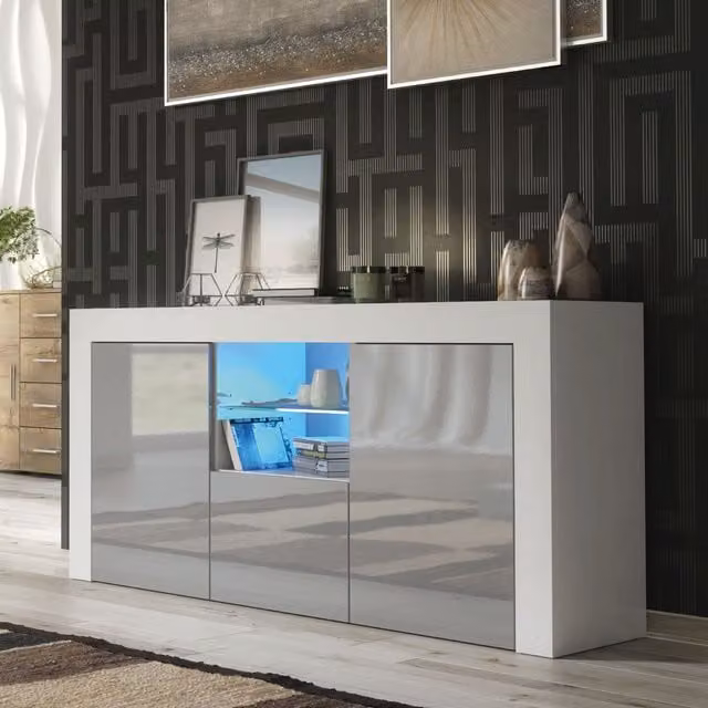 Mex Furniture LTD Modern Glossy Sideboard with LED Lighting in Light Grey, W: 145 cm, H: 70 cm, D: 35 cm