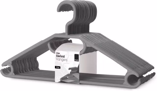 Keplin Space Saving Plastic Coat Hangers with Swivel Hook, Grey, 20 Pack