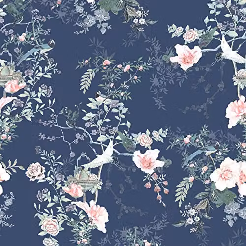 Muriva Lipsy Ophelia Floral Wallpaper with Birds and Cherry Blossoms in Soft Pink and Navy Blue – 1