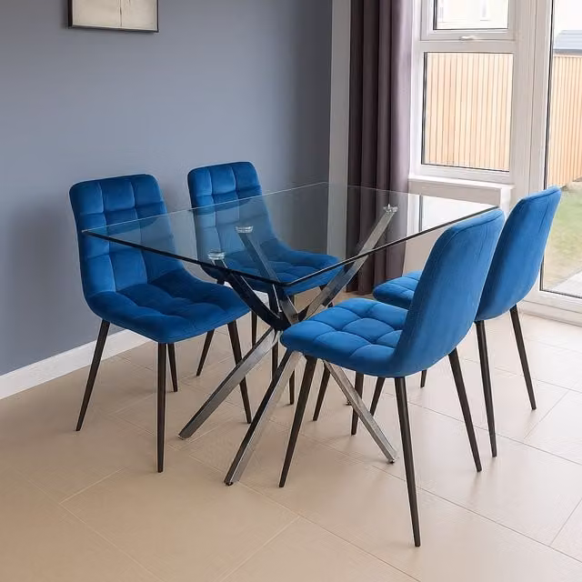 KOSY KOALA Modern Rectangular Glass Dining Table Set with 4 Blue Velvet Chairs in Brown