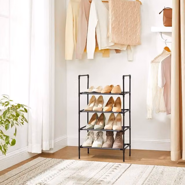SONGMICS 4-Tier Freestanding Metal and Non-Woven Fabric Shoe Rack in Black