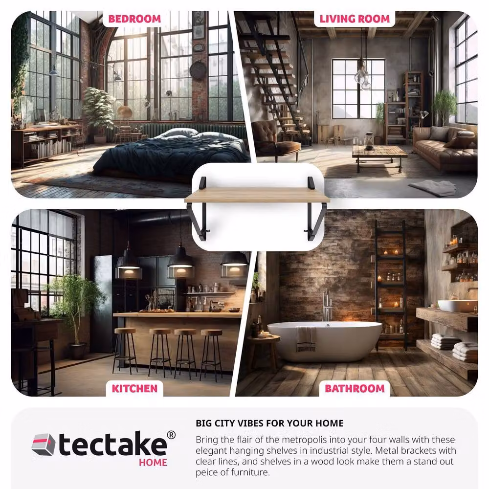tectake Irvine Wall Mounted Shelves, Set of 2, Industrial Wood and Metal Look in Brown – 4