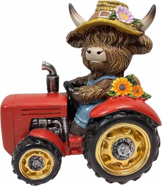 Ornate Collection Highland Cow Tractor Tabletop Ornament in Blue and Red
