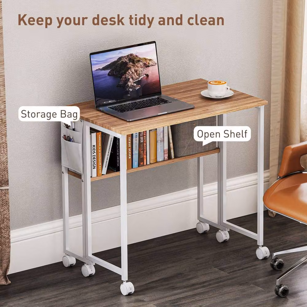 STILVORA Drop Leaf Writing Desk with Shelf and Castors in Beige and White – 5