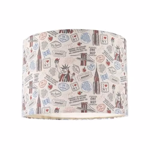 Happy Homewares New York Themed Cotton Cylinder Lamp Shade in Multicolour and Cream, W/D/H: 18 x 18 x 25 cm