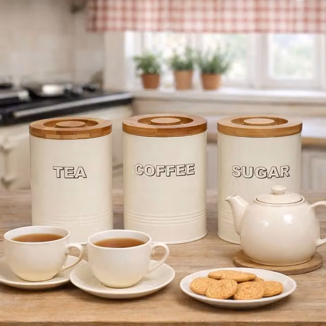 Simpa Tea, Sugar and Coffee Set with Airtight Bamboo Lids in Beige