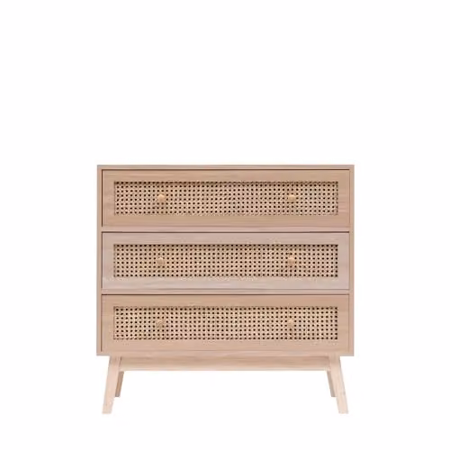 Spot On Dealz Rattan Bedside Cabinet with 3 Drawers, Modern Slim Nightstand in Beige and Brown with Pine Wood Legs – 2
