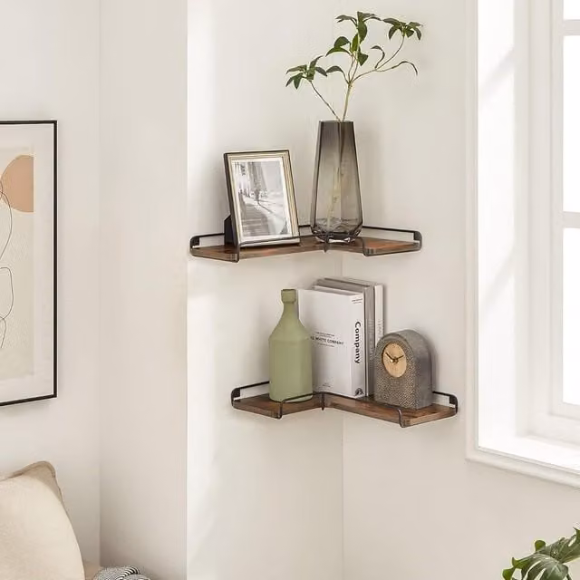 VASAGLE Set of 2 Industrial Style Floating Corner Wall Shelves in Brown