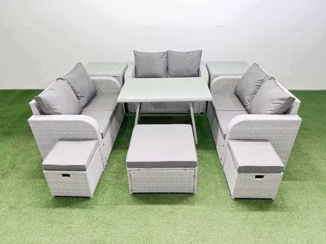 Fimous 9-Seater Patio Set with Rectangular Table, Love Sofa and 2 Side Tables in Light Grey