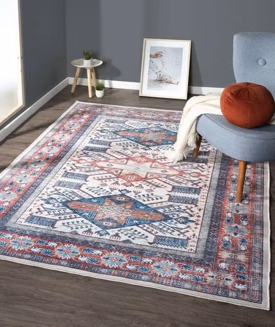 THE RUGS Sara Washable Persian Classic Oriental Rug in Ivory and Multicolour, Polyester, W: 120 cm, L: 170 cm
