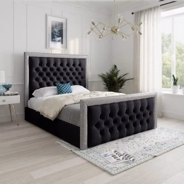 KDMD Wolston Designer Bed Frame in Black Soft Velvet with Glitter Border, Double Size (W/D/H: 140 x 200 cm) – 1