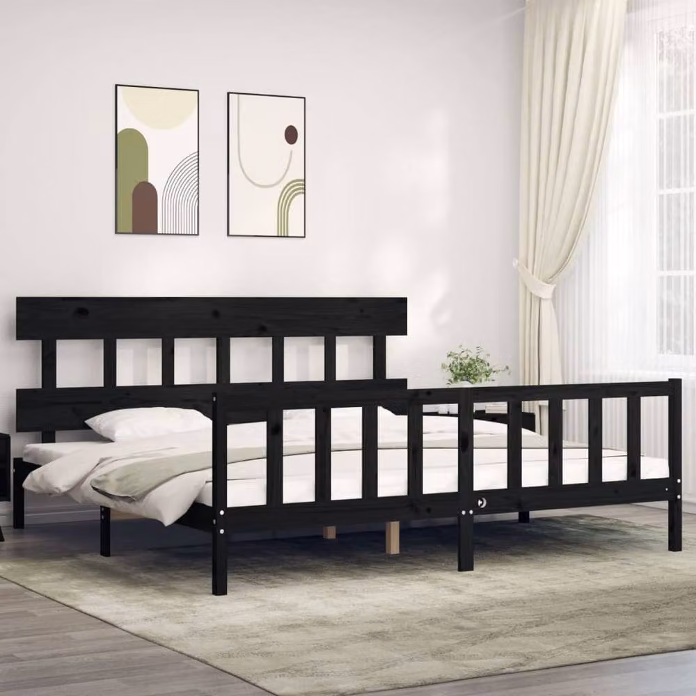 Berkfield Home Solid Wood Bed Frame with Headboard in Black, 200 x 200 cm – 2
