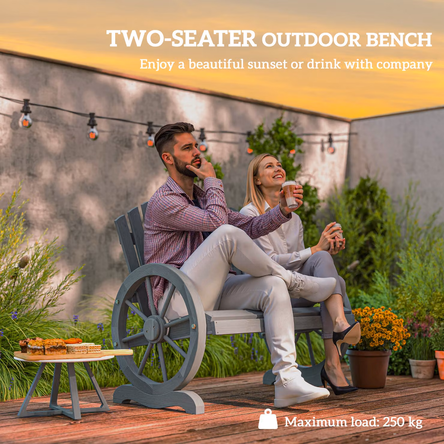 Outsunny Grey Fir Wood Love Seat with Wheel-Shaped Armrests for Garden and Terrace – 3