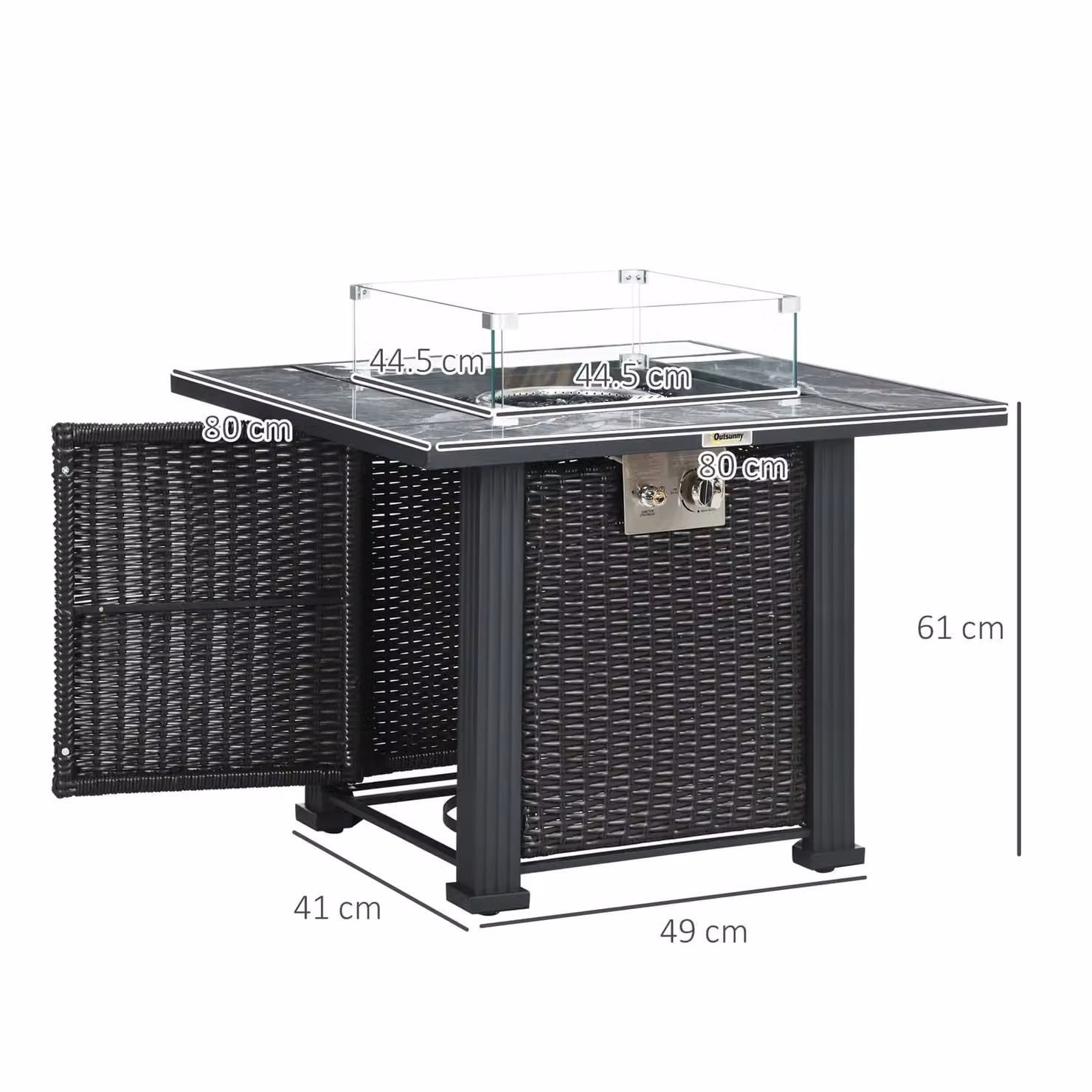 OUTSUNNY Black Rattan Gas Fire Pit Table with Rain Cover, Windscreen and Glass Stones, 50,000 BTU, W/D/H: 80 x 61 x 49 cm – 3