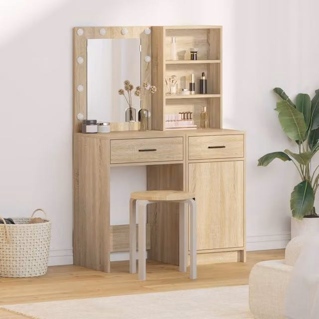 Berkfield Home 2 Piece LED Dressing Table Set in Brown Sonoma Oak Engineered Wood