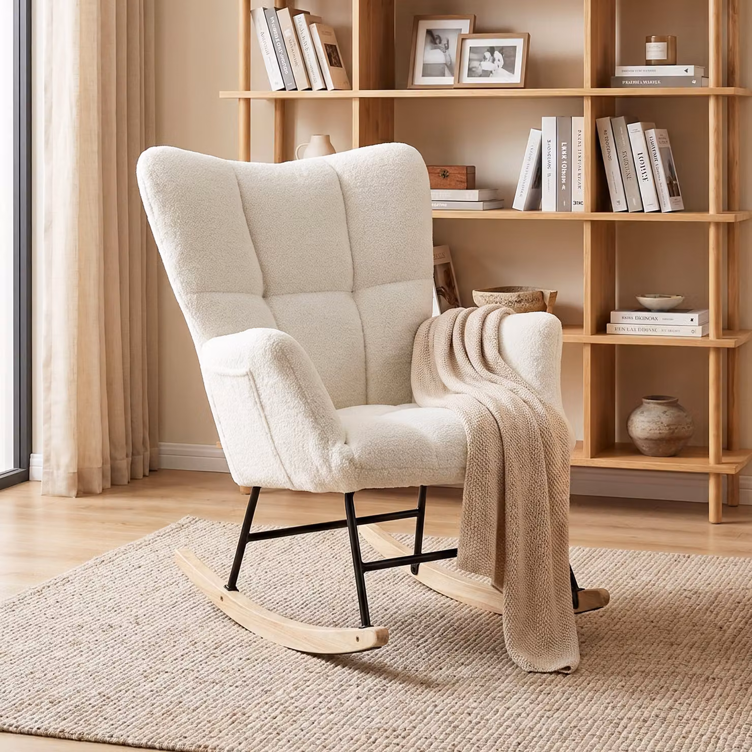 HOMCOM Cream White Teddy Fleece Rocking Chair with Tufted Wingback and Side Pockets – 2