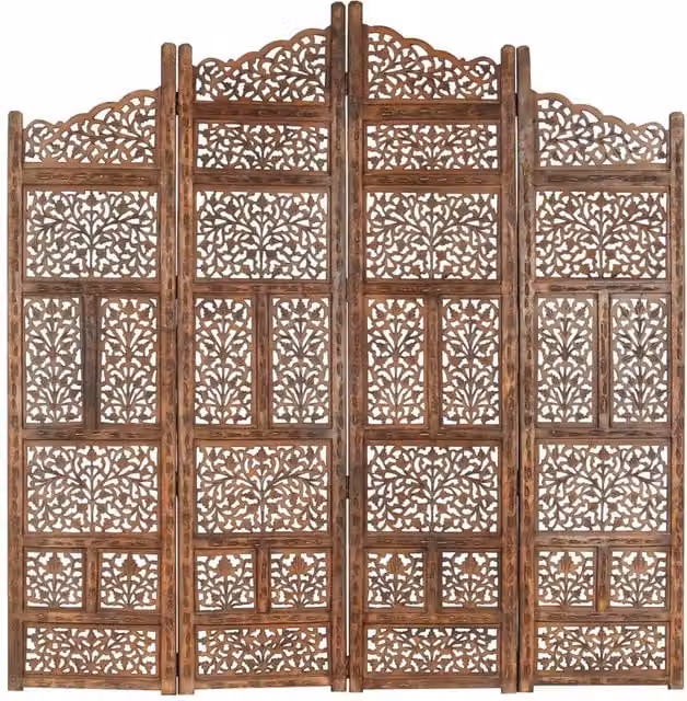 Berkfield Home Hand Carved 4-Panel Room Divider in Brown Solid Mango Wood, W/H: 160 x 165 cm – 1