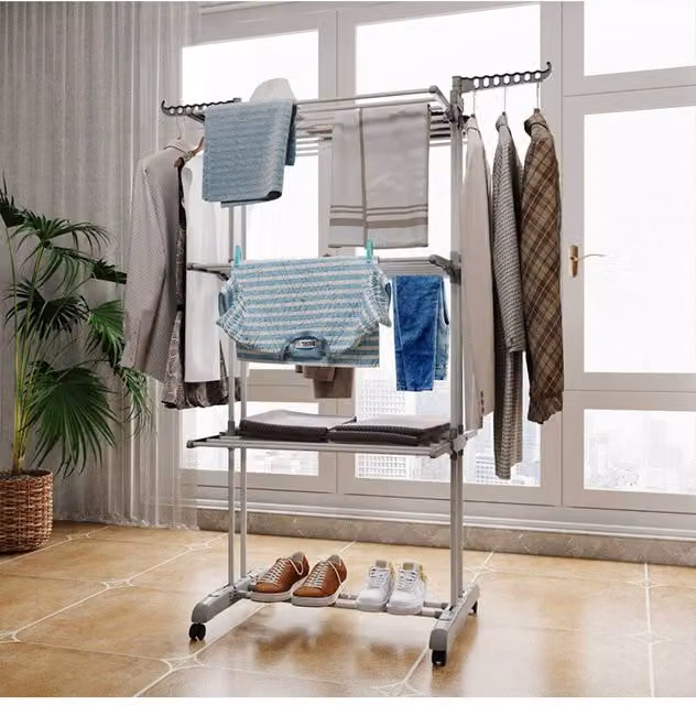 H&O Direct 3-Tier Foldable Metal Clothes Drying Rack in Grey – 1
